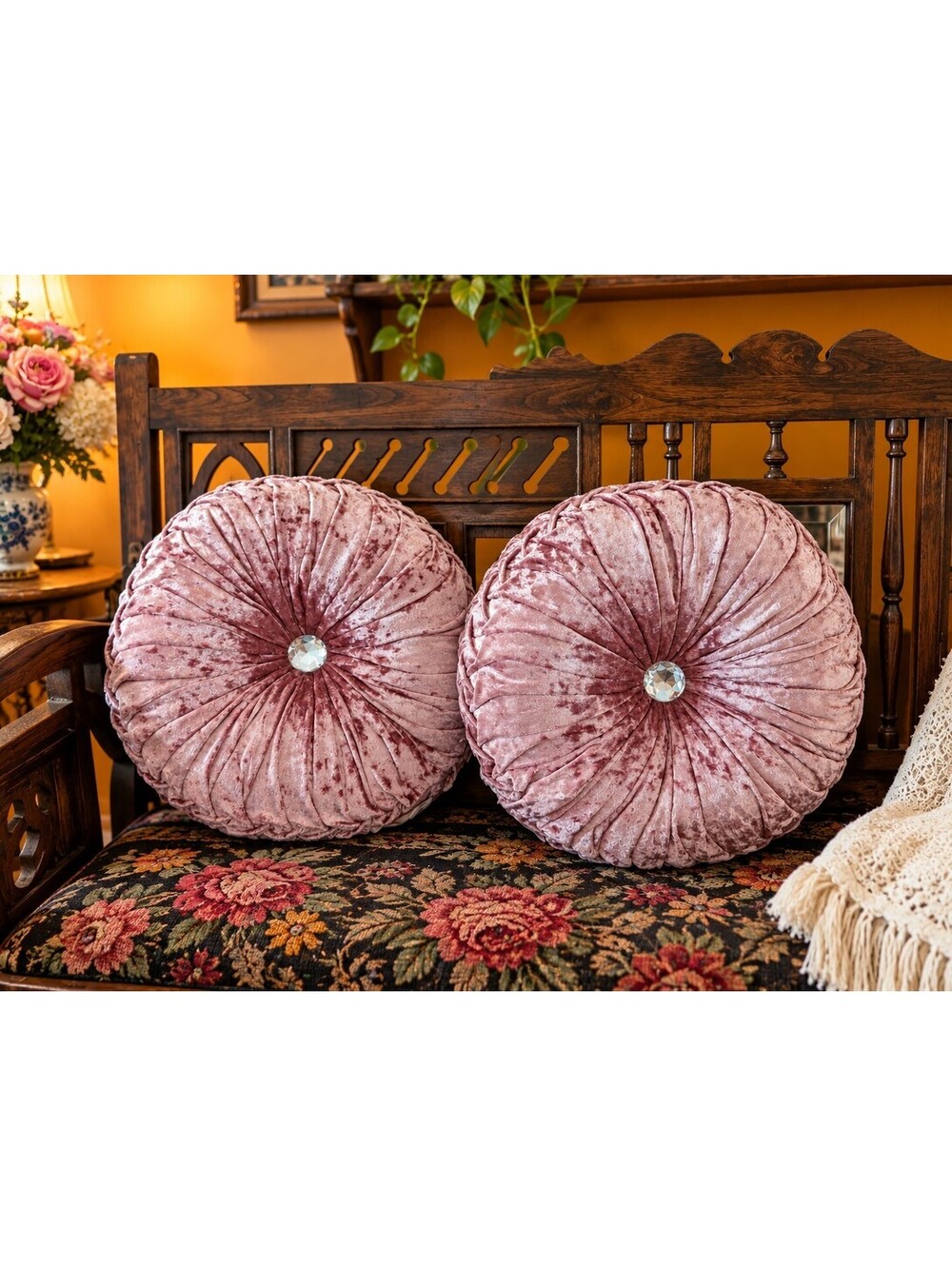 NWT Casa Zeta-Jones 14" Round Ruched Velvet Throw Pillows Bling Button Set of 2